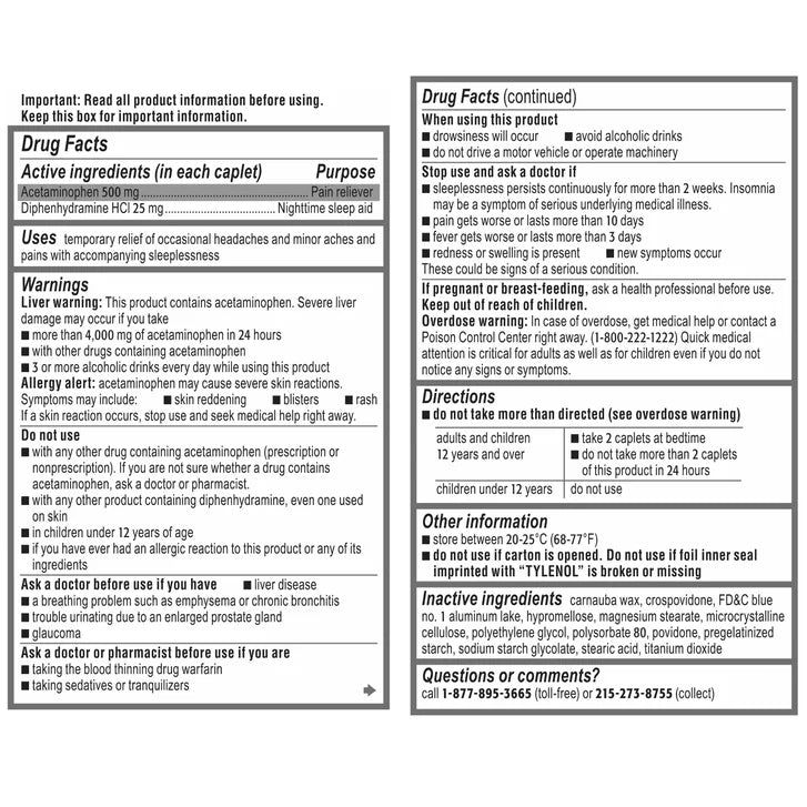 Tylenol PM 加强型 对乙酰氨基酚 500mg 止痛助眠片（225片）
